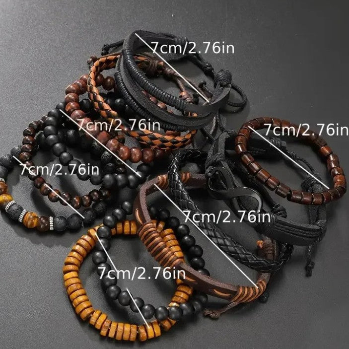 12-Piece Men’s Bracelet Set – Leather & Beaded Stack Style