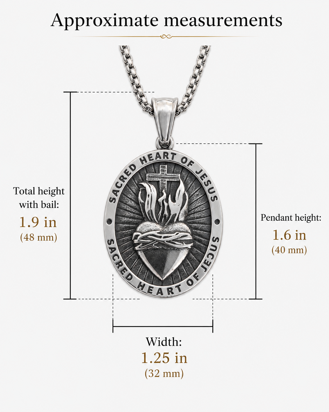 Sacred Heart of Jesus Necklace · Reversible Medallion with Gothic Cross in Stainless Steel