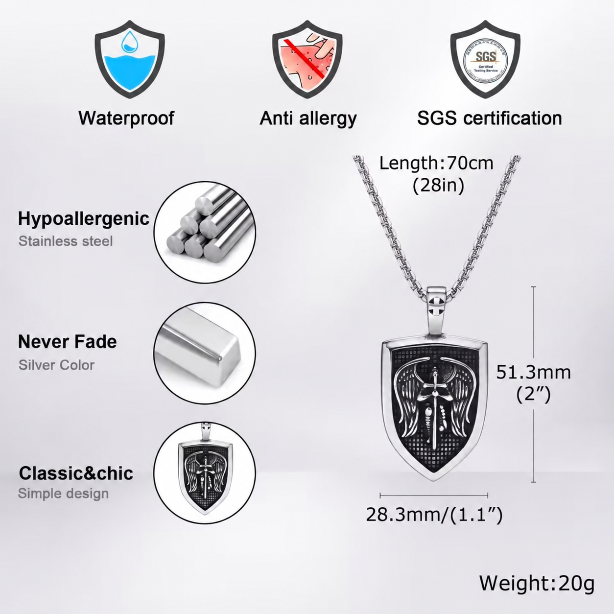 Archangel Michael Necklace for Men β Sword & Wings Shield Pendant | Stainless Steel