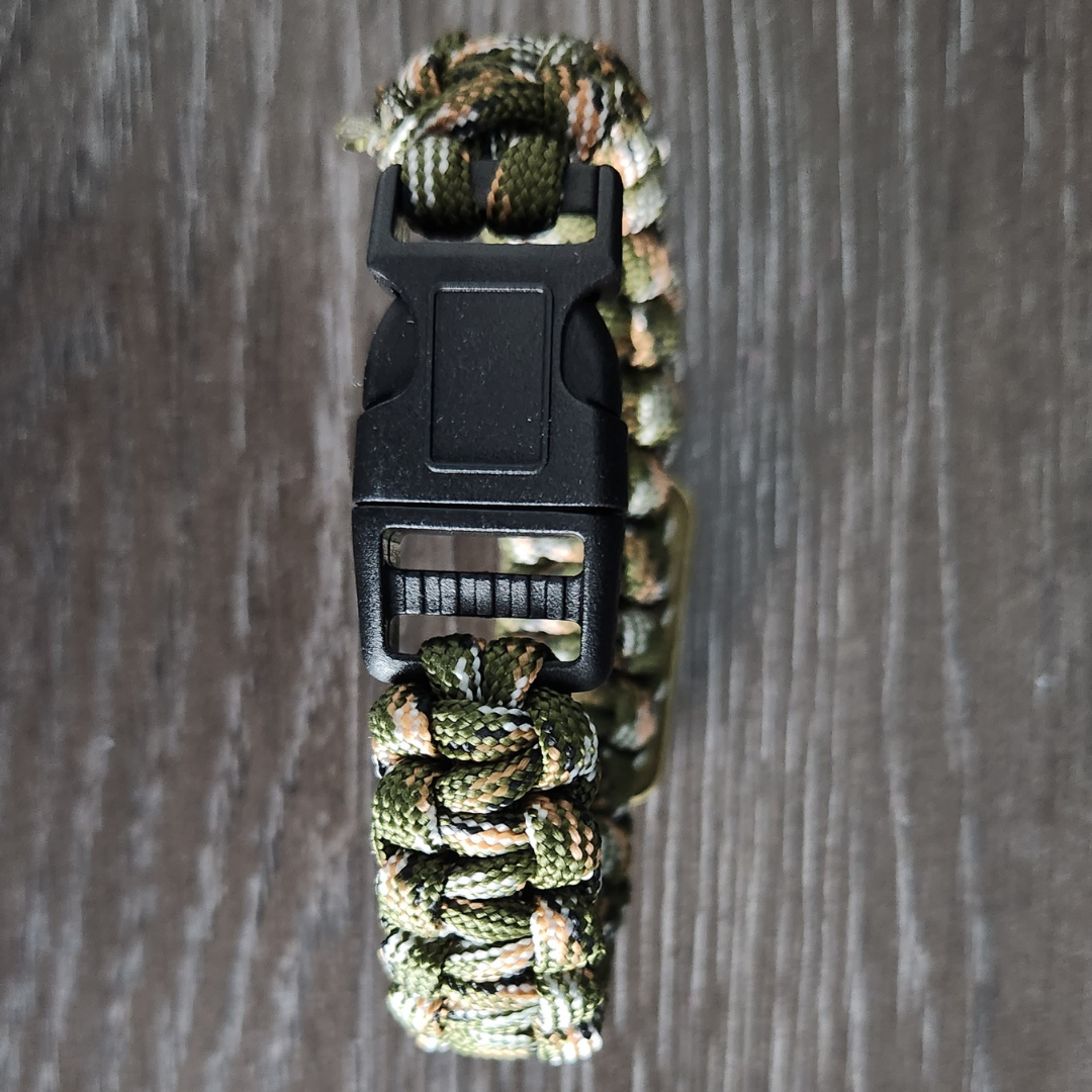 Survival Paracord Bracelet for Men - Woven Bracelet with Camouflage and United States Flag Decorations in Bronze