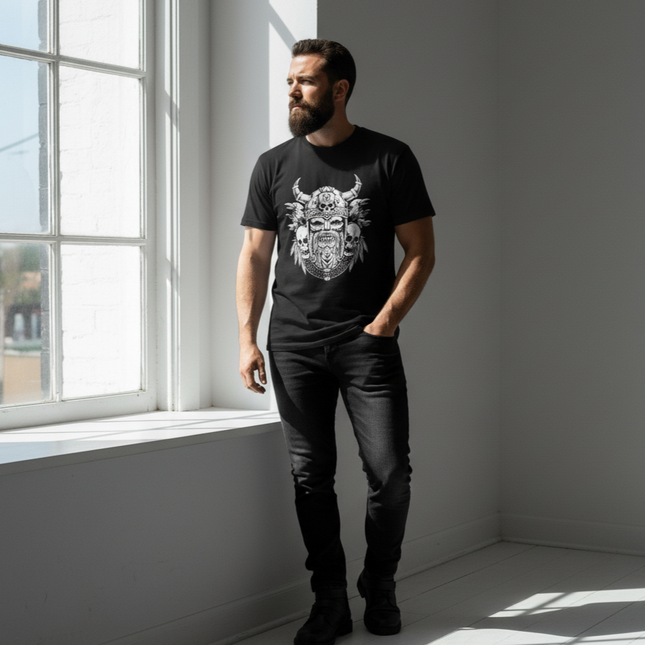 Viking Warrior Skull T-Shirt – Norse Fighter Apparel, Valhalla Spirit
