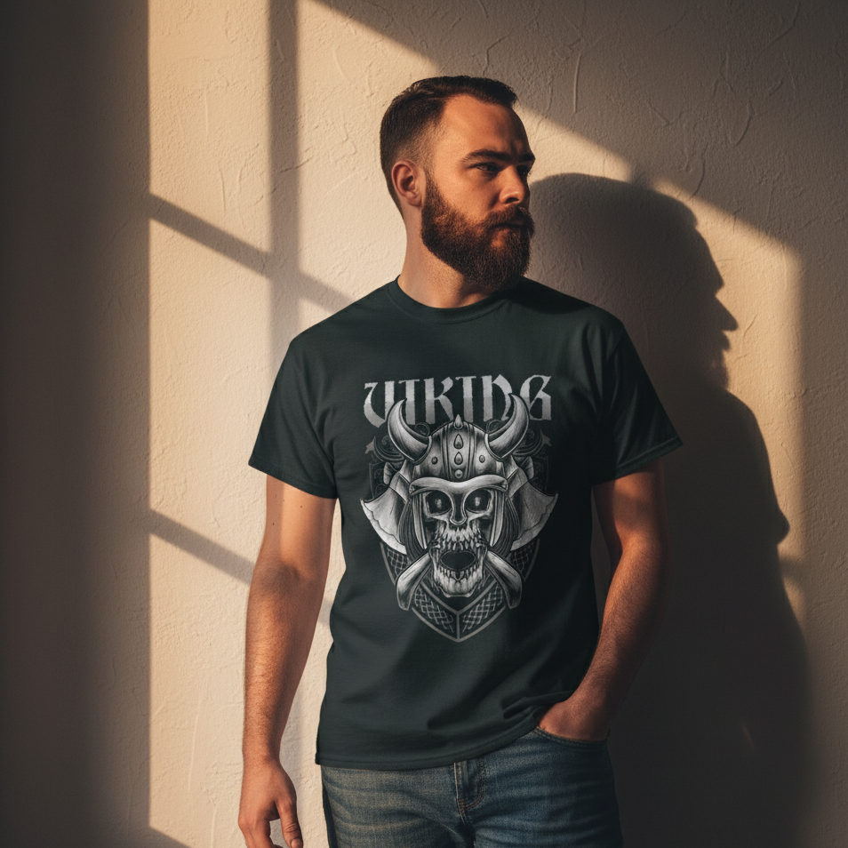 Men's Nordic Gothic Style Apparel - Viking Skull T-Shir