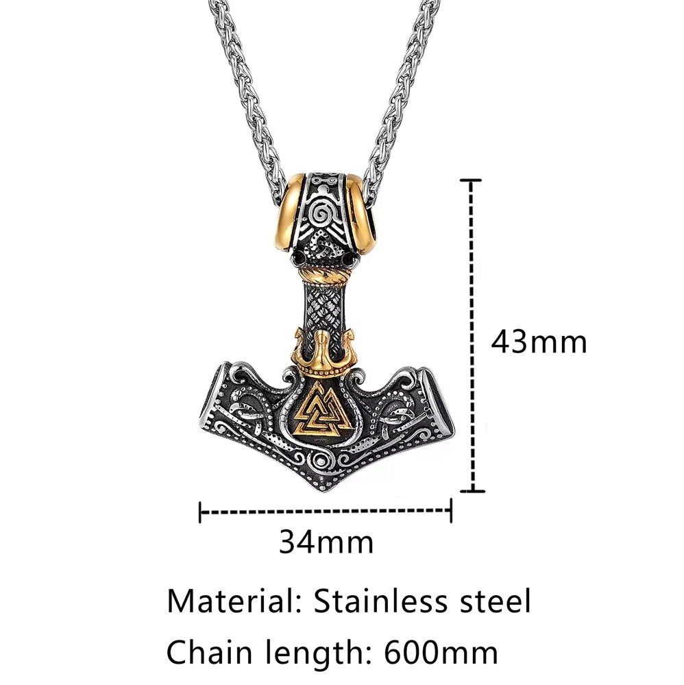 Viking Necklace with Thor's Hammer and Crown, Norse Runes, Valknut Amulet for Men, Vintage-Style Stainless Steel Pendant.