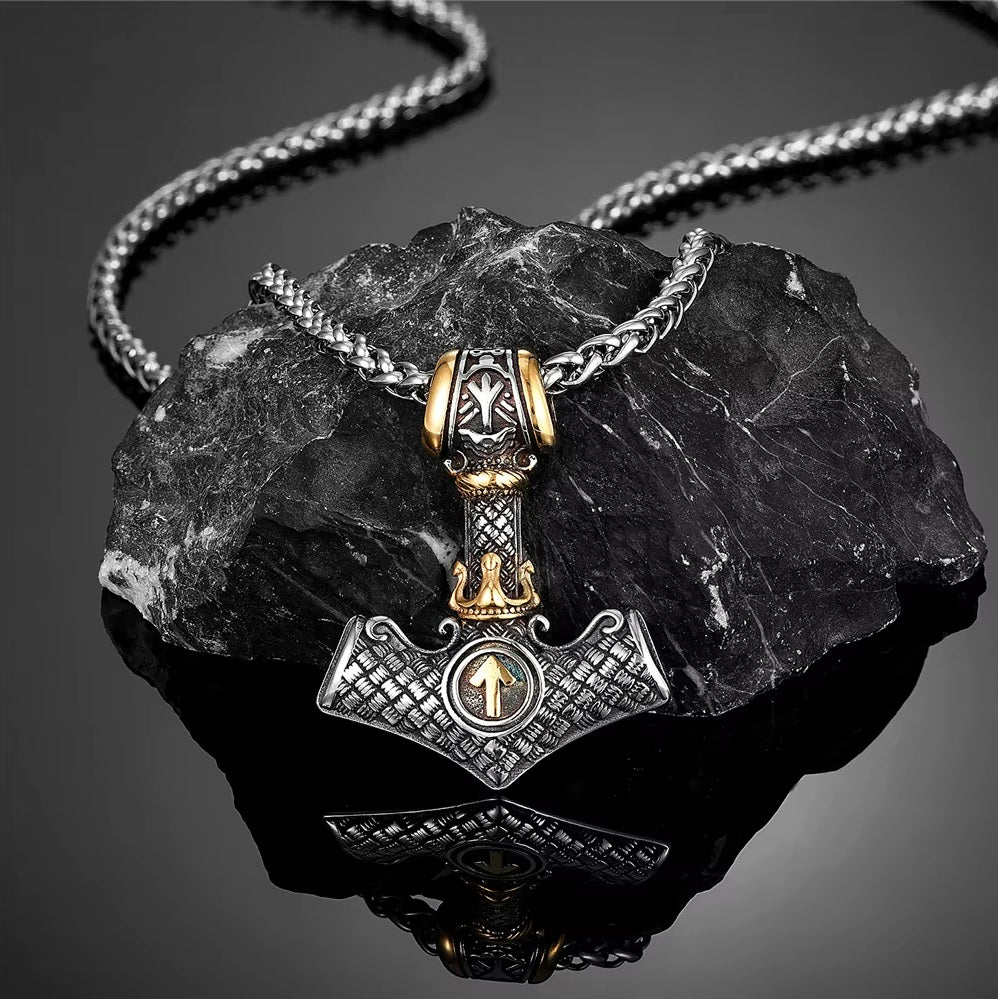Viking Necklace with Thor's Hammer and Crown, Norse Runes, Valknut Amulet for Men, Vintage-Style Stainless Steel Pendant.