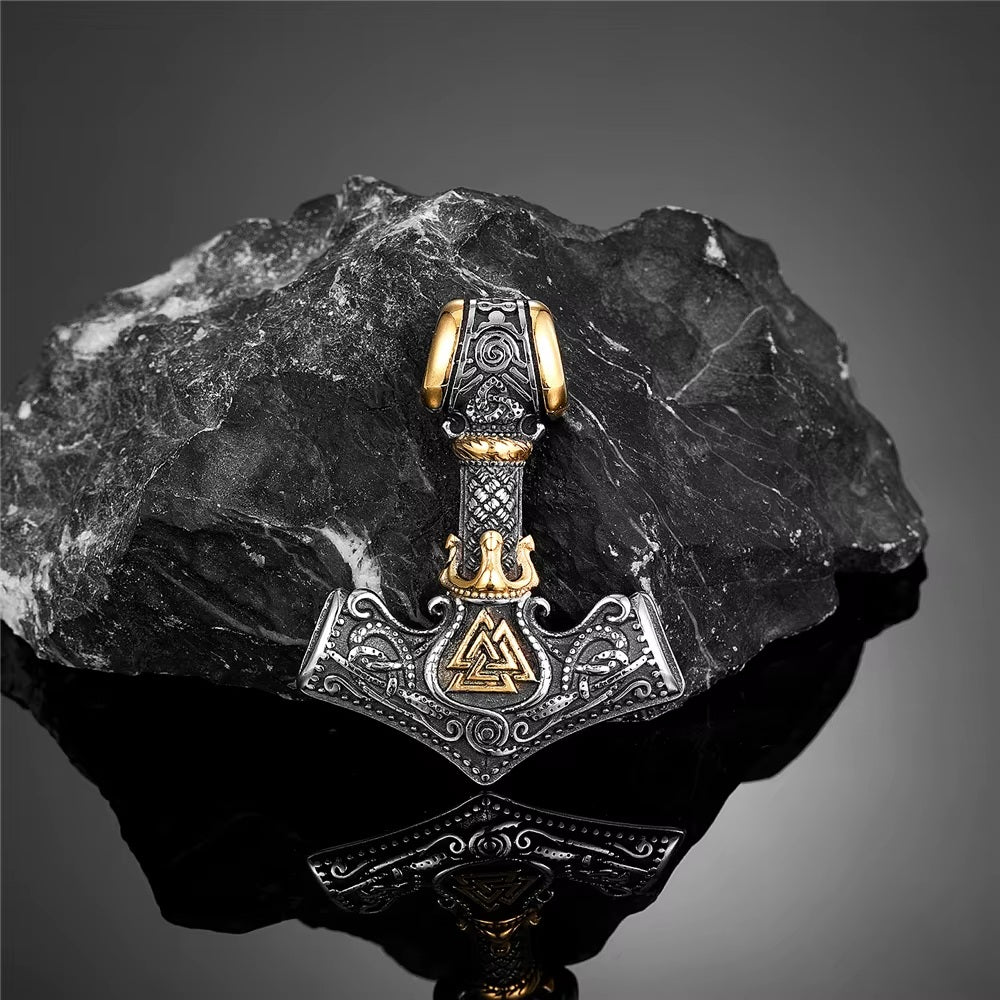 Viking Necklace with Thor's Hammer and Crown, Norse Runes, Valknut Amulet for Men, Vintage-Style Stainless Steel Pendant.