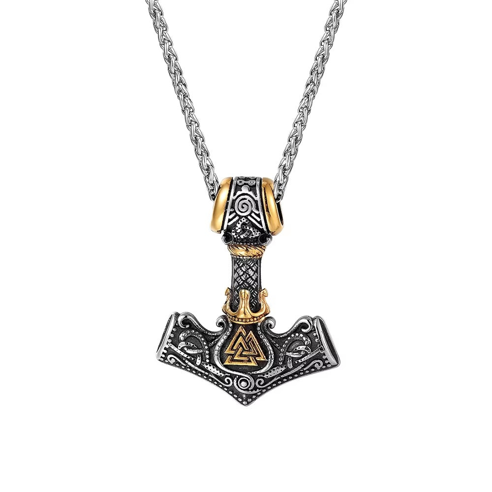 Viking Necklace with Thor's Hammer and Crown, Norse Runes, Valknut Amulet for Men, Vintage-Style Stainless Steel Pendant.