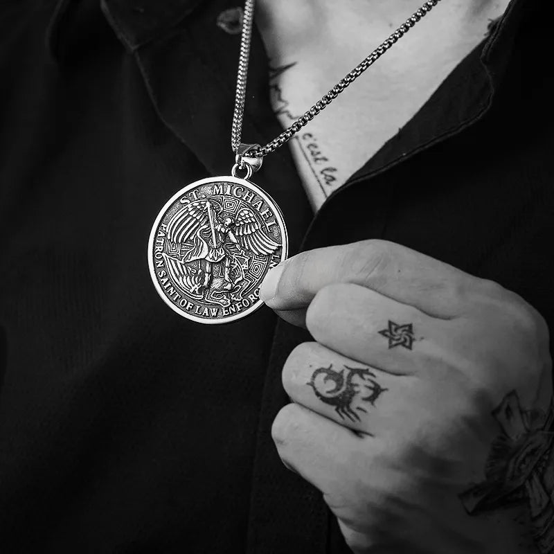 St. Michael Archangel Necklace | Silver Titanium Steel β Spiritual Warrior & Protector