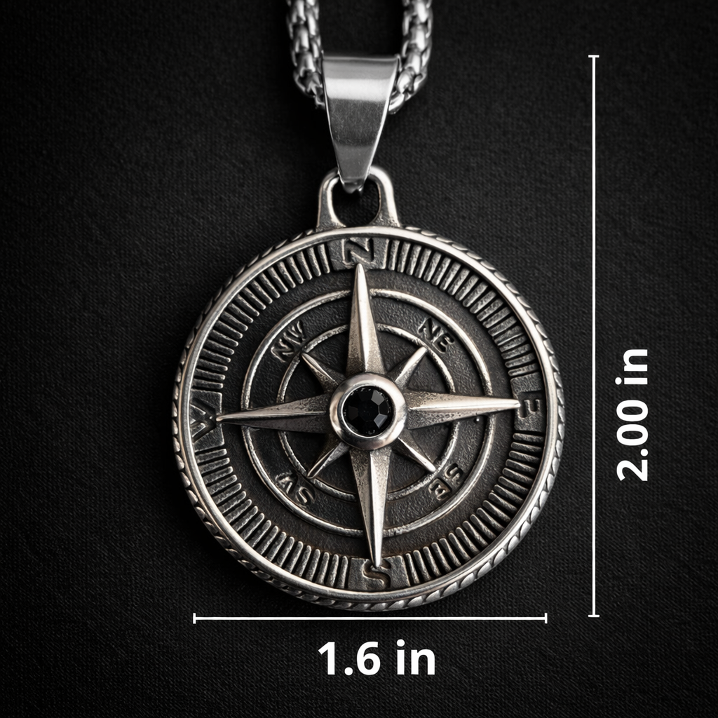 Vintage Compass Necklace for Men with Black Stone – Explorer Pendant | Stainless Steel