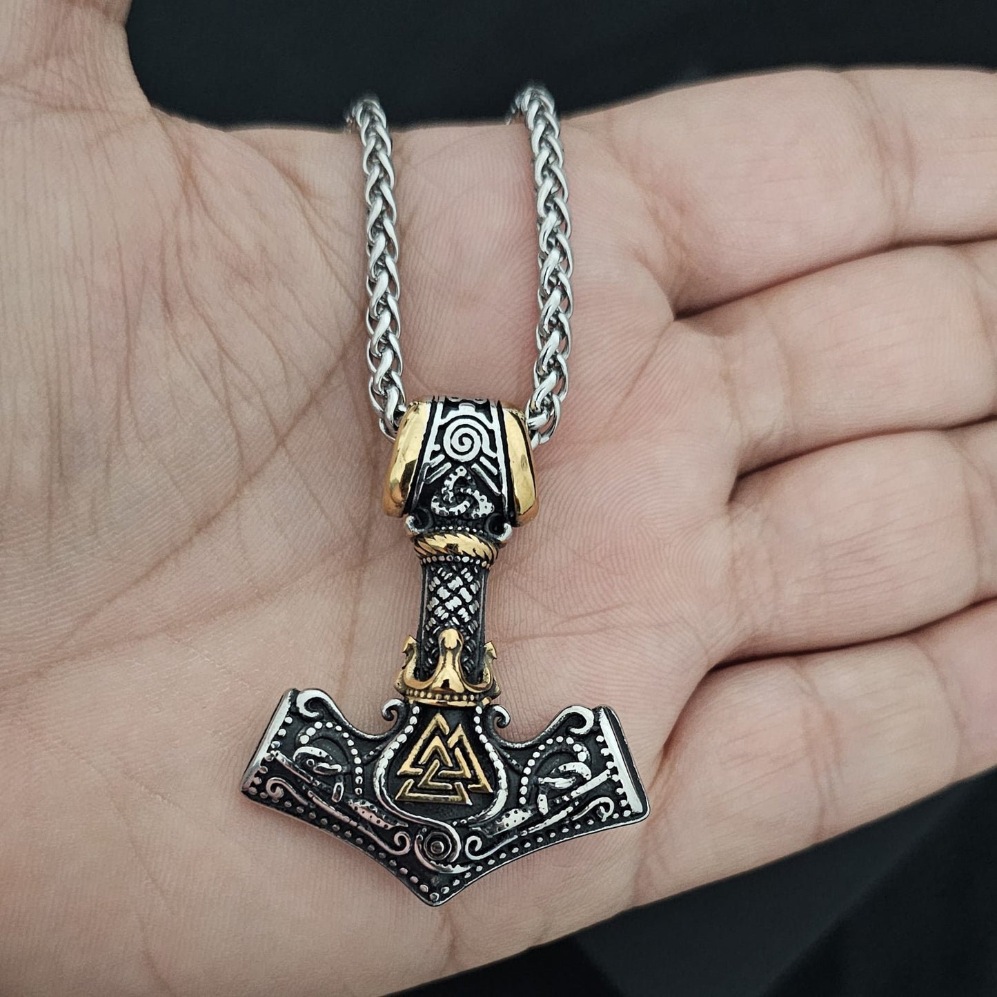 Viking Necklace with Thor's Hammer and Crown, Norse Runes, Valknut Amulet for Men, Vintage-Style Stainless Steel Pendant.