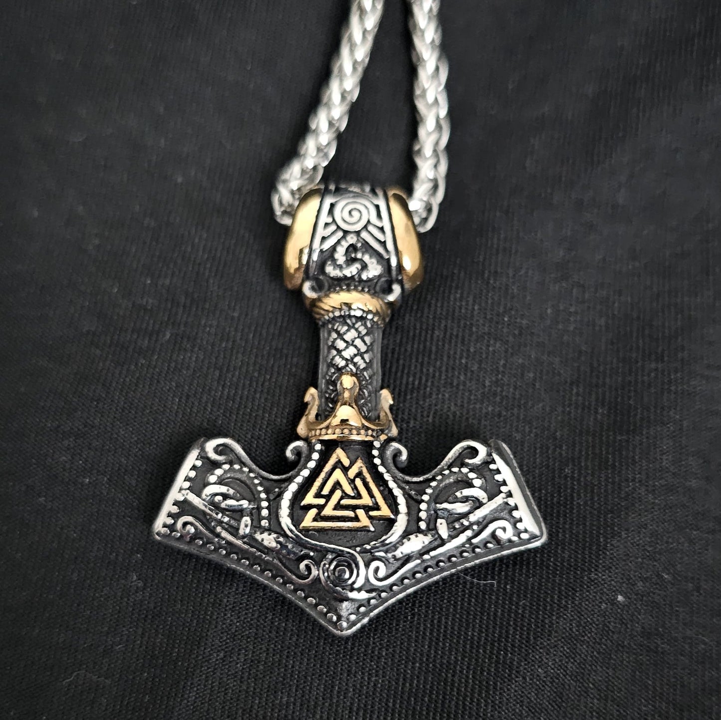 Viking Necklace with Thor's Hammer and Crown, Norse Runes, Valknut Amulet for Men, Vintage-Style Stainless Steel Pendant.