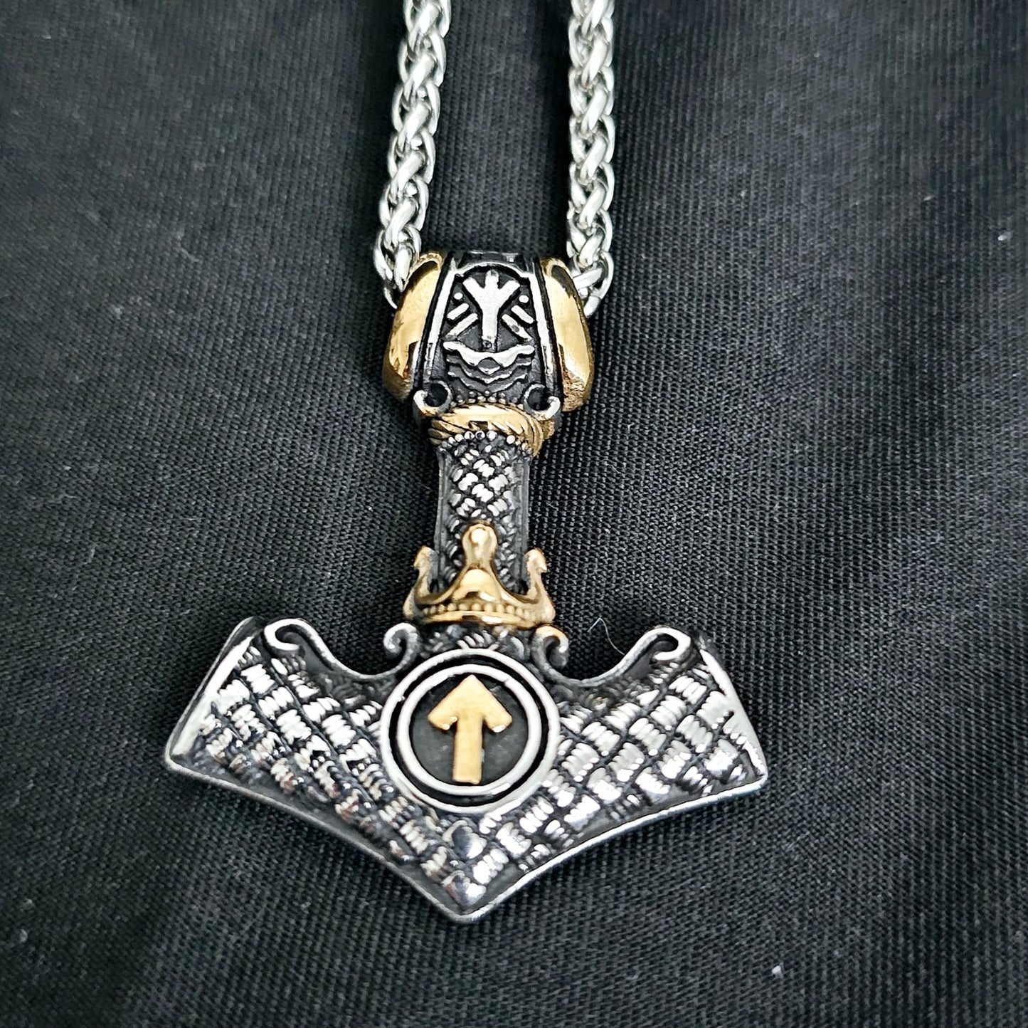 Viking Necklace with Thor's Hammer and Crown, Norse Runes, Valknut Amulet for Men, Vintage-Style Stainless Steel Pendant.