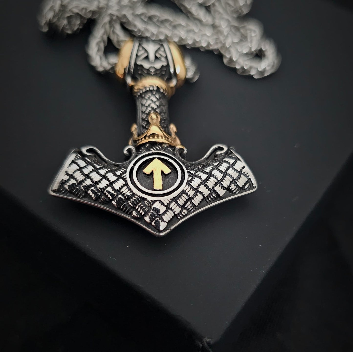 Viking Necklace with Thor's Hammer and Crown, Norse Runes, Valknut Amulet for Men, Vintage-Style Stainless Steel Pendant.