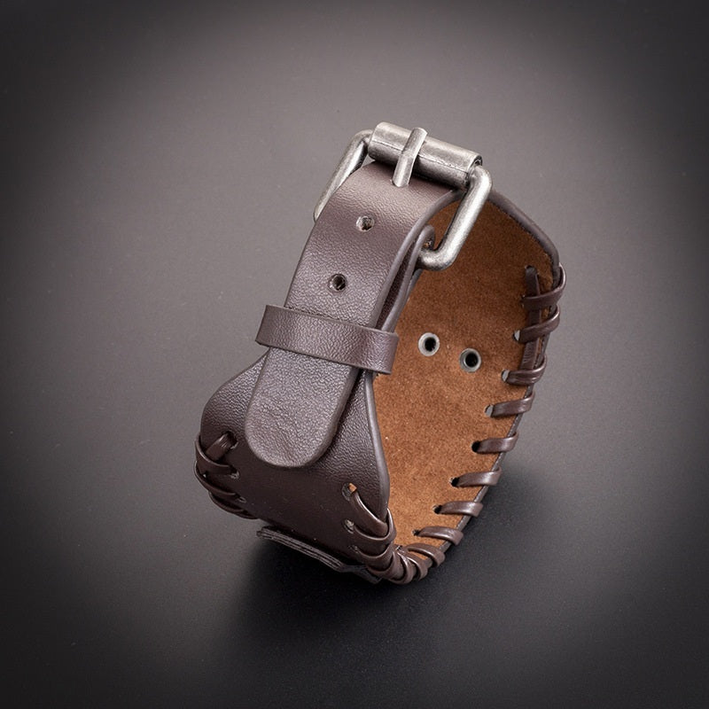 Viking Leather Bracelet for Men with Vegvisir Symbol β Wide Adjustable Nordic Style Wristband