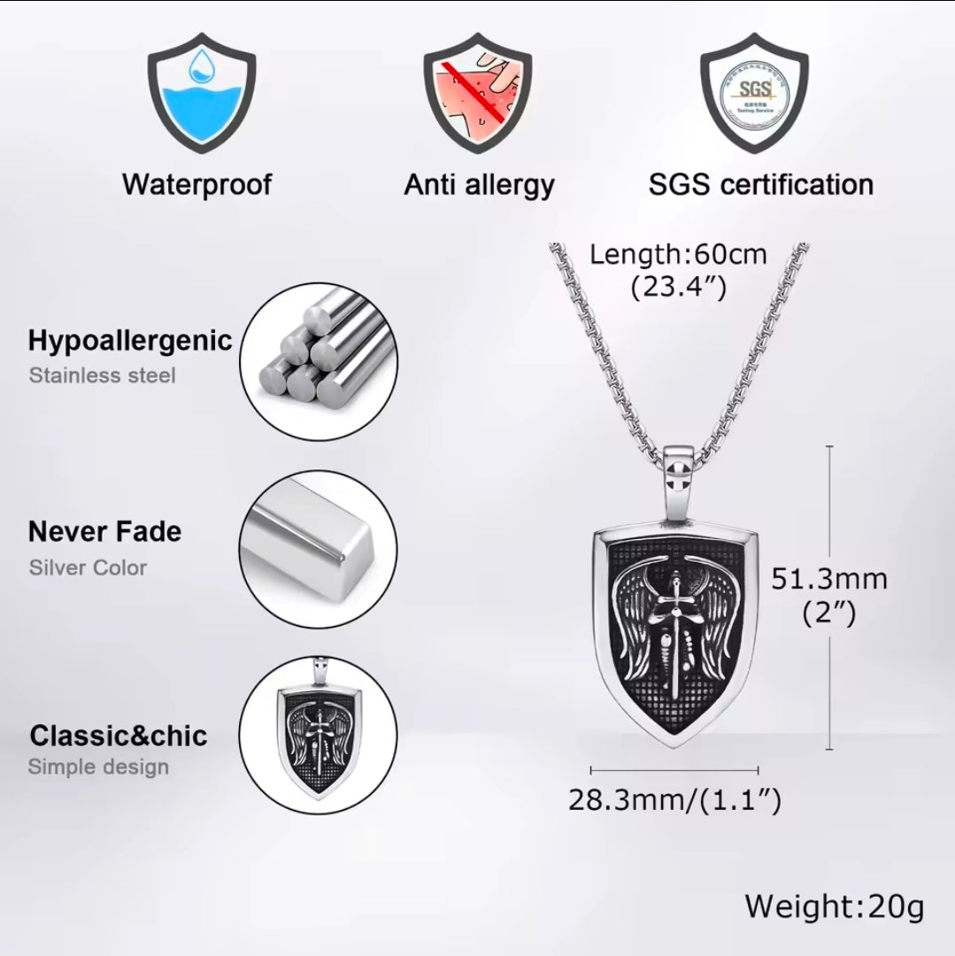 Archangel Michael Necklace with Sword and Wings | Protective Stainless Steel Pendant