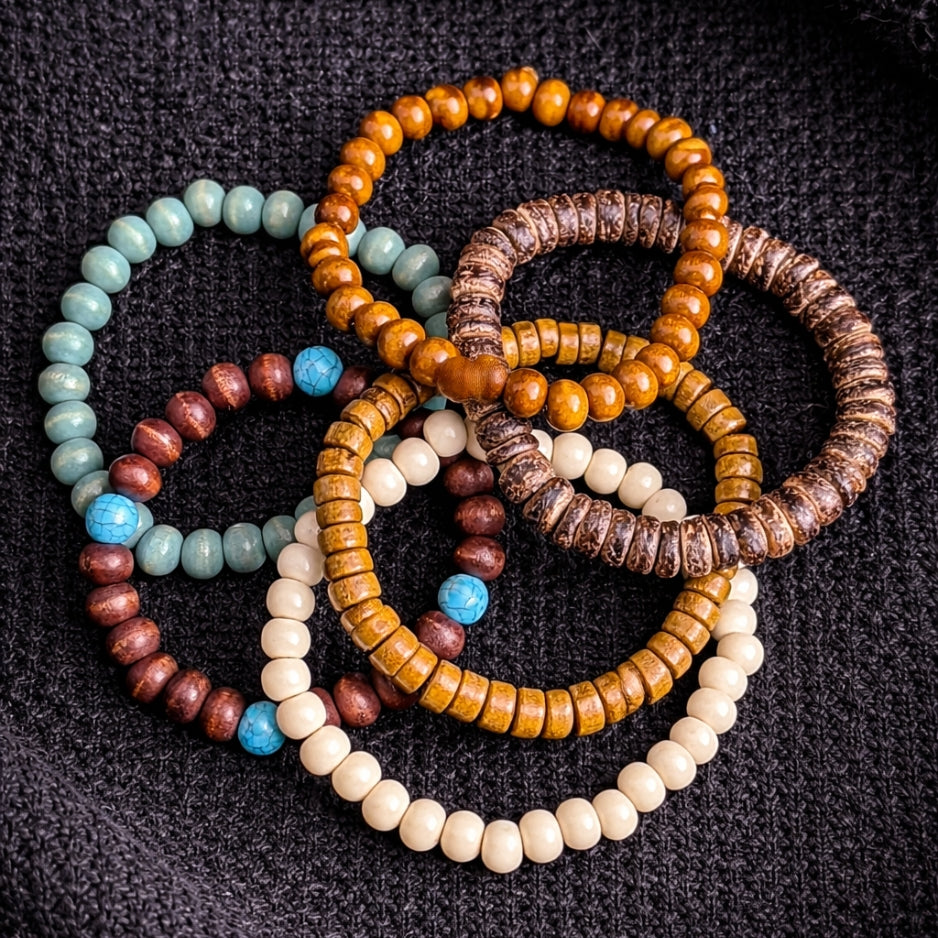 6-Piece Men’s Beaded Bracelet Set – Natural Stone & Vintage Wooden Stack