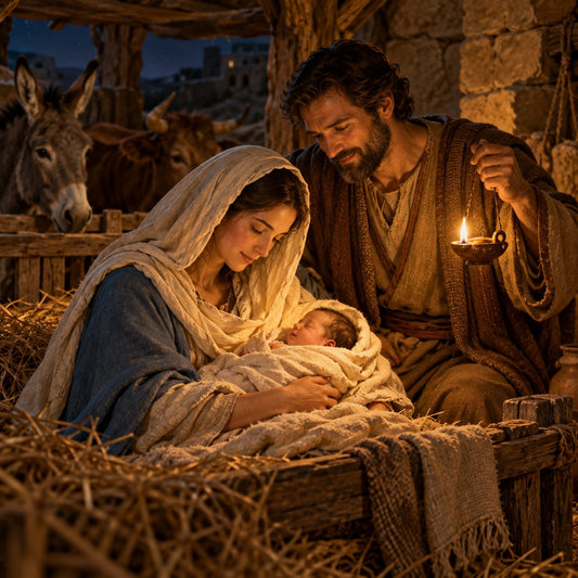 Saint Joseph watching over Mary and baby Jesus in the manger at the Nativity