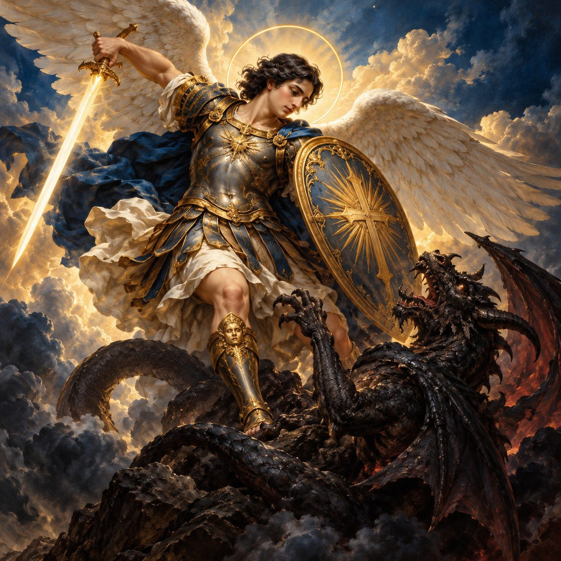 Saint Michael the Archangel with sword and shield defeating the dragon