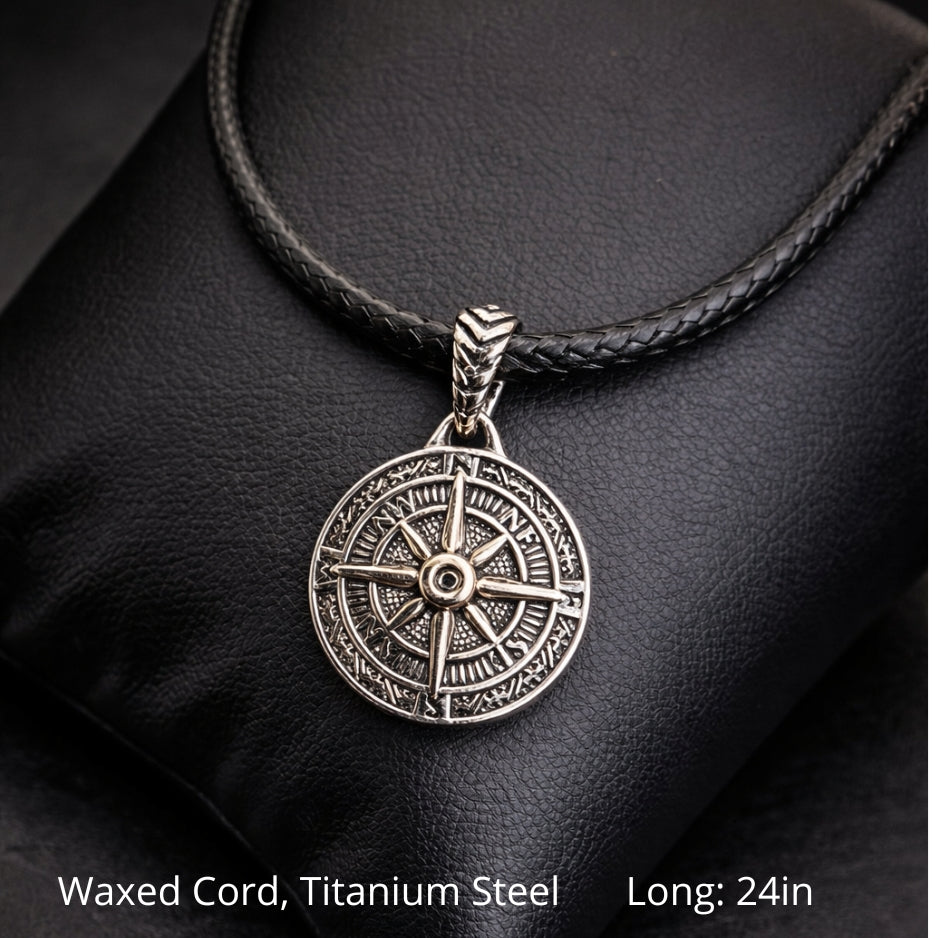 Vegvisir Norse Compass Necklace Stainless Steel – Black Cord 24in