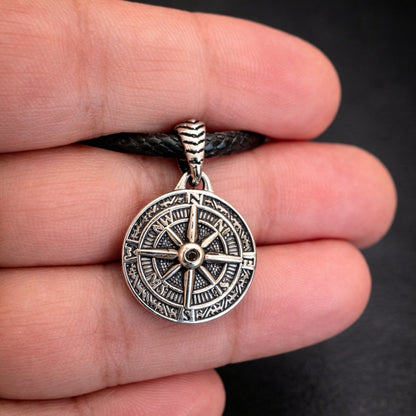 Vegvisir Norse Compass Necklace Stainless Steel – Black Cord 24in