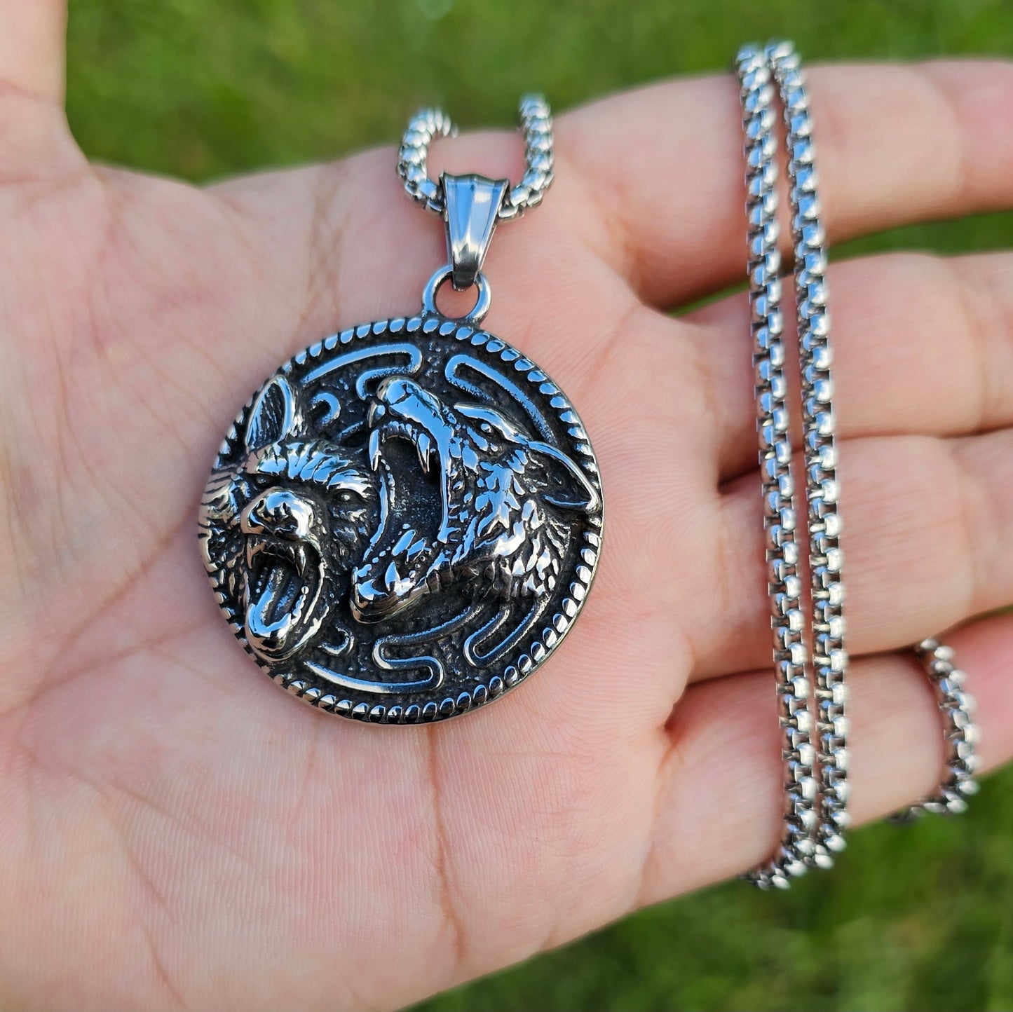 Double-Sided Necklace: Viking Wolf Strength and Rune Symbol of Power