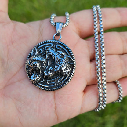 Double-Sided Necklace: Viking Wolf Strength and Rune Symbol of Power