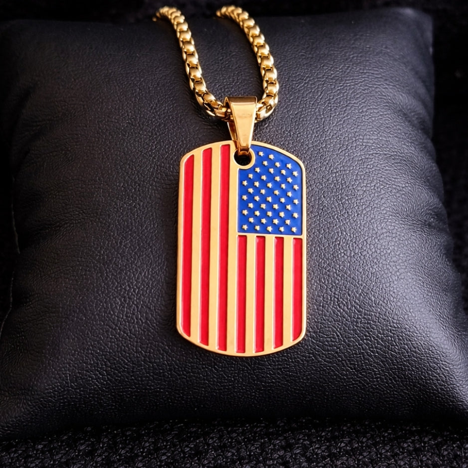 Men’s USA Flag Dog Tag Necklace | Stainless Steel Military Pendant (Gold & Silver)