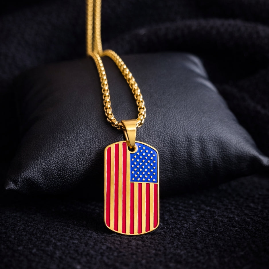 Men’s USA Flag Dog Tag Necklace | Stainless Steel Military Pendant (Gold & Silver)