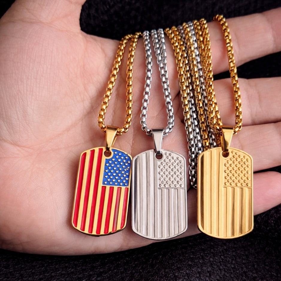 Men’s USA Flag Dog Tag Necklace | Stainless Steel Military Pendant (Gold & Silver)