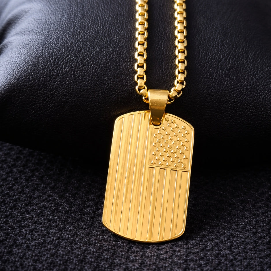 Men’s USA Flag Dog Tag Necklace | Stainless Steel Military Pendant (Gold & Silver)