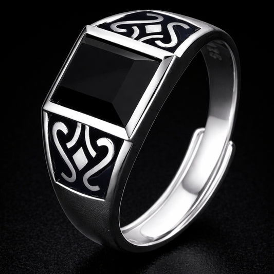 Adjustable Men’s Signet Ring – Black Stone Celtic Design
