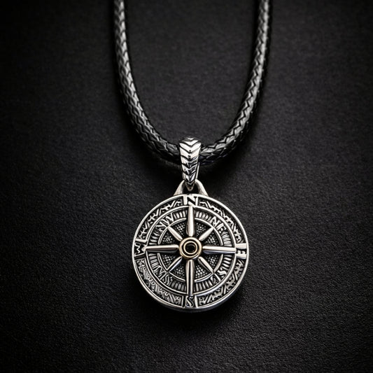 Vegvisir Norse Compass Necklace Stainless Steel – Black Cord 24in