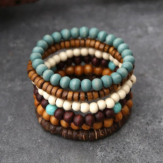 6-Piece Men’s Beaded Bracelet Set – Natural Stone & Vintage Wooden Stack