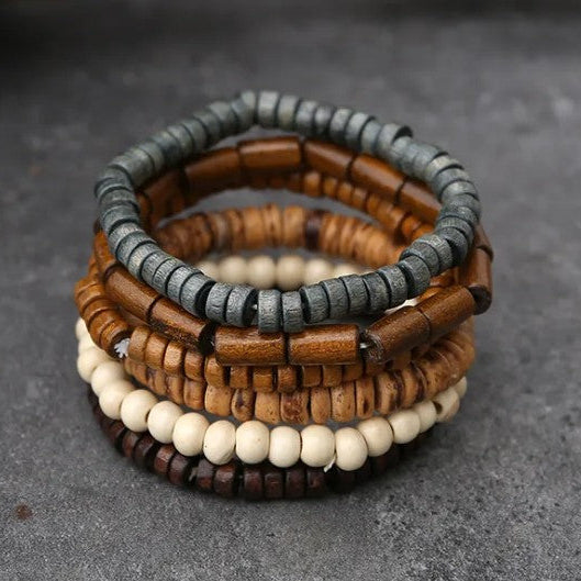 6-Piece Men’s Wooden Beaded Bracelet Set – Vintage Style Stack