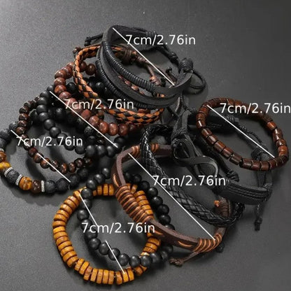 12-Piece Men’s Bracelet Set – Leather & Beaded Stack Style