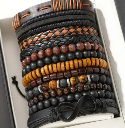12-Piece Men’s Bracelet Set – Leather & Beaded Stack Style