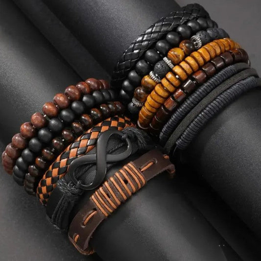 12-Piece Men’s Bracelet Set – Leather & Beaded Stack Style