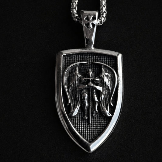 Archangel Michael Necklace for Men – Sword & Wings Shield Pendant | Stainless Steel
