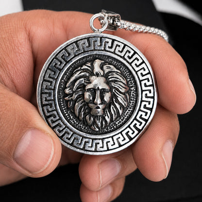 Lion Head Necklace for Men – Greek Key Power Pendant | Stainless Steel