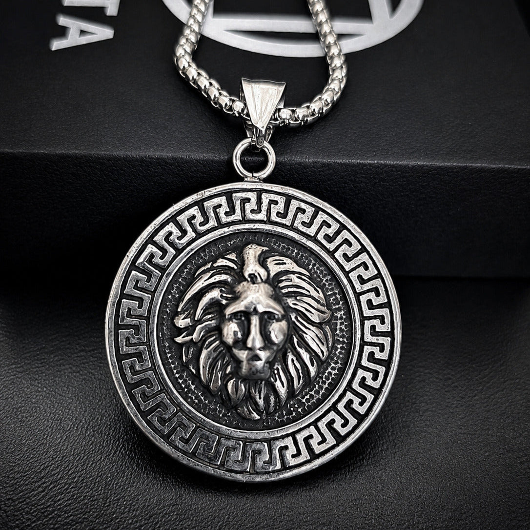 Lion Head Necklace for Men – Greek Key Power Pendant | Stainless Steel
