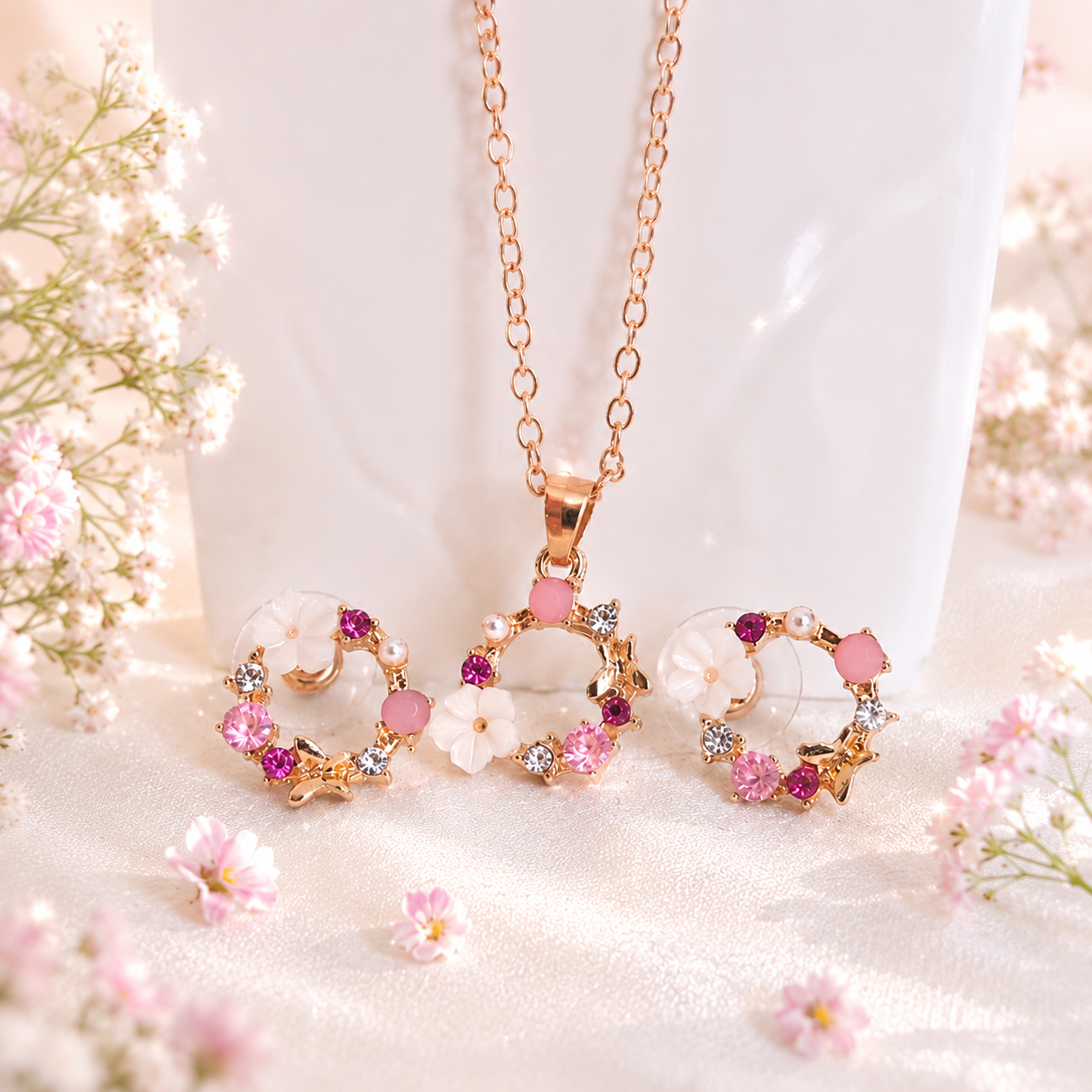 Floral Sparkle Jewelry Set – Flower Pendant Necklace & Matching Earrings for Women