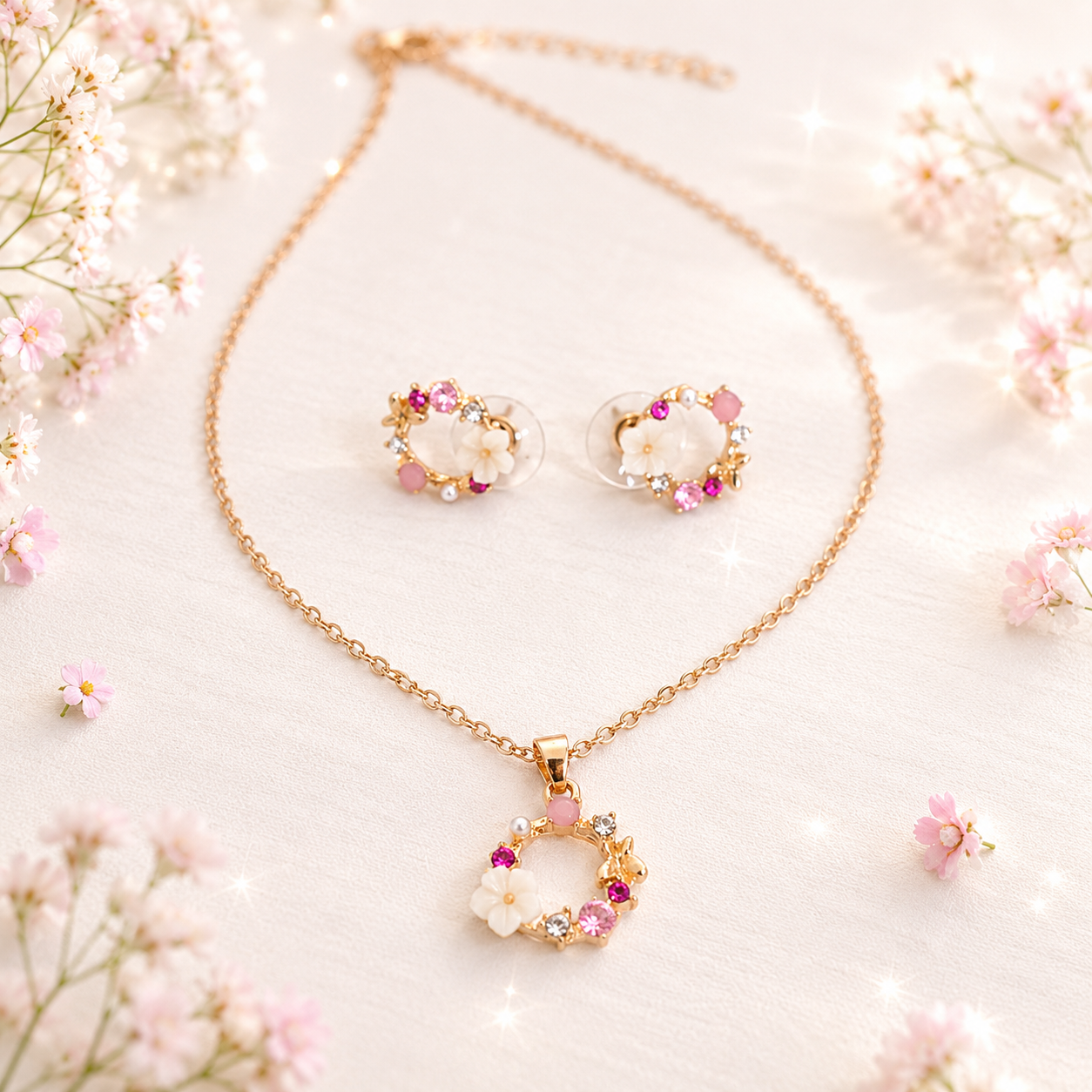 Floral Sparkle Jewelry Set – Flower Pendant Necklace & Matching Earrings for Women