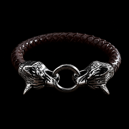 Viking Wolf Head Leather Bracelet for Men – Twin Wolves Norse Wristband | 8.66"