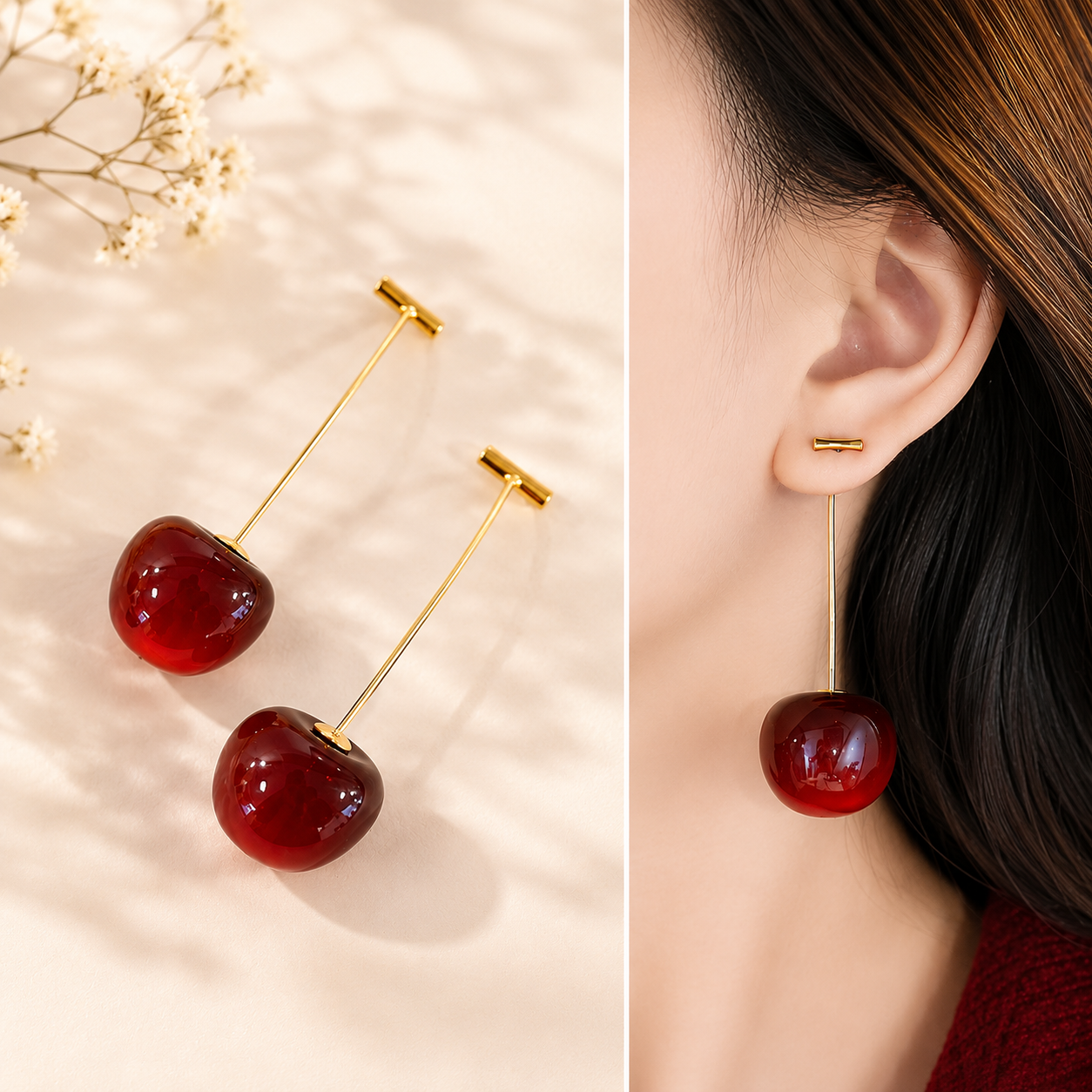 Cherry Drop Earrings for Women – Cute Red Cherry Stud Earrings