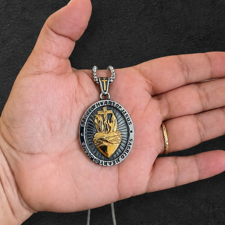 Sacred Heart of Jesus Necklace · Reversible Medallion with Gothic Cross in Stainless Steel