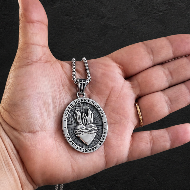 Sacred Heart of Jesus Necklace · Reversible Medallion with Gothic Cross in Stainless Steel