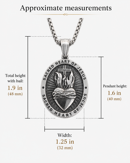 Sacred Heart of Jesus Necklace · Reversible Medallion with Gothic Cross in Stainless Steel
