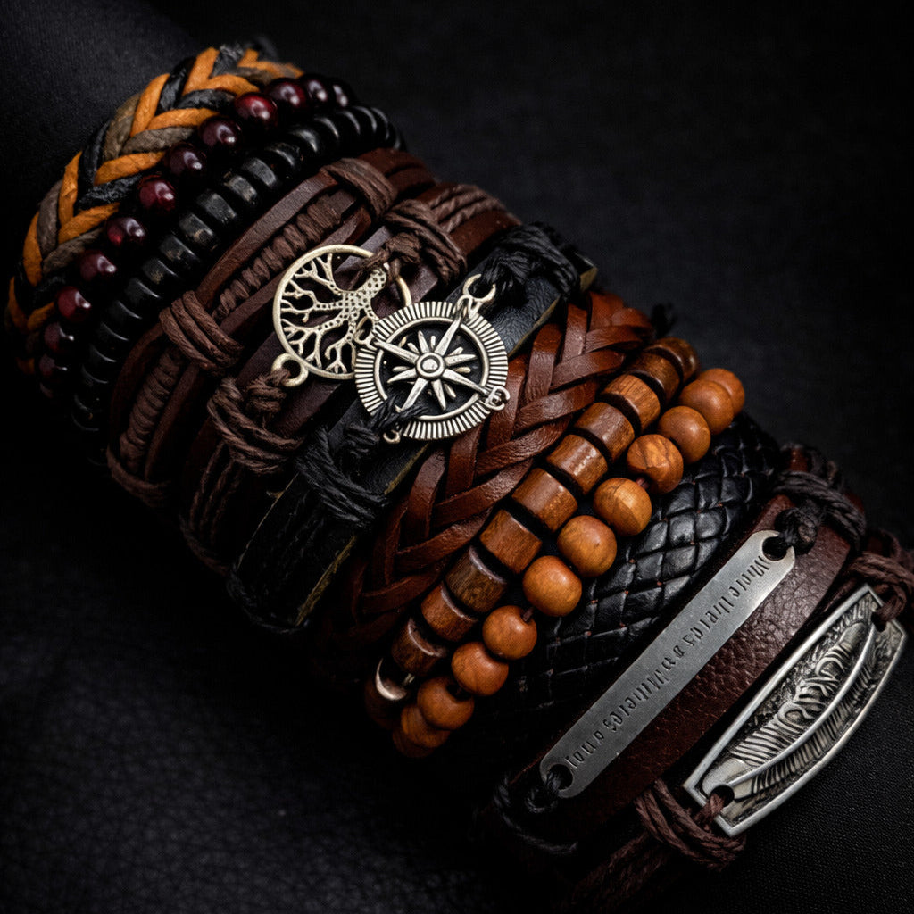 Viking Leather and Bead Bracelet Set for Men
