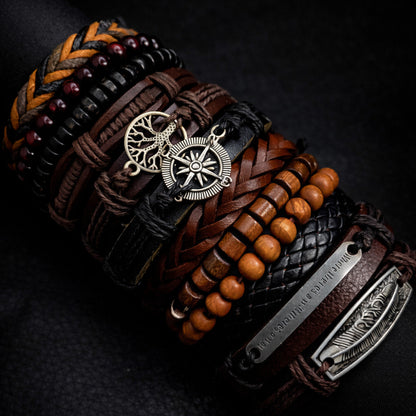 Viking Leather and Bead Bracelet Set for Men