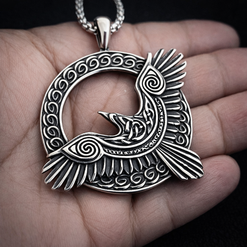 Norse Viking titanium steel pendant for men, Odin, Raven.