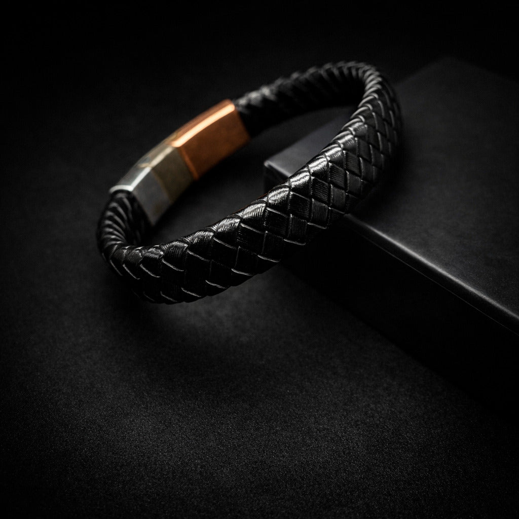 Vintage Stainless Steel Leather Woven Bracelet